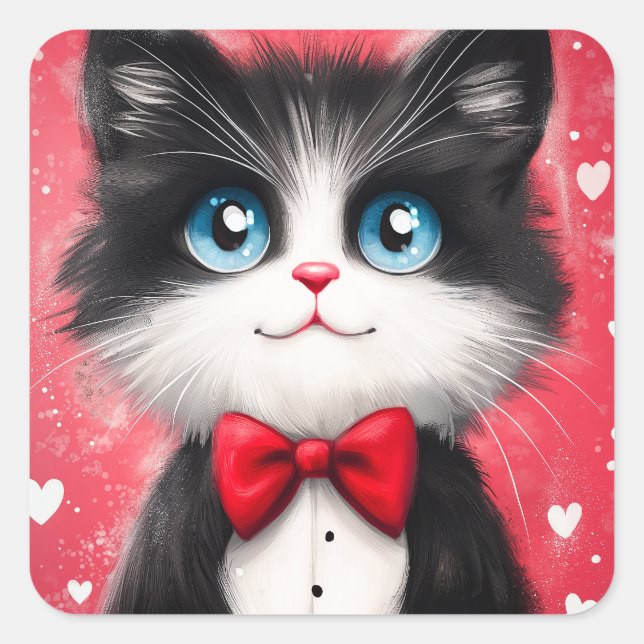 Pegatina Cuadrada Tuxedo Cat Valentine (Anverso)