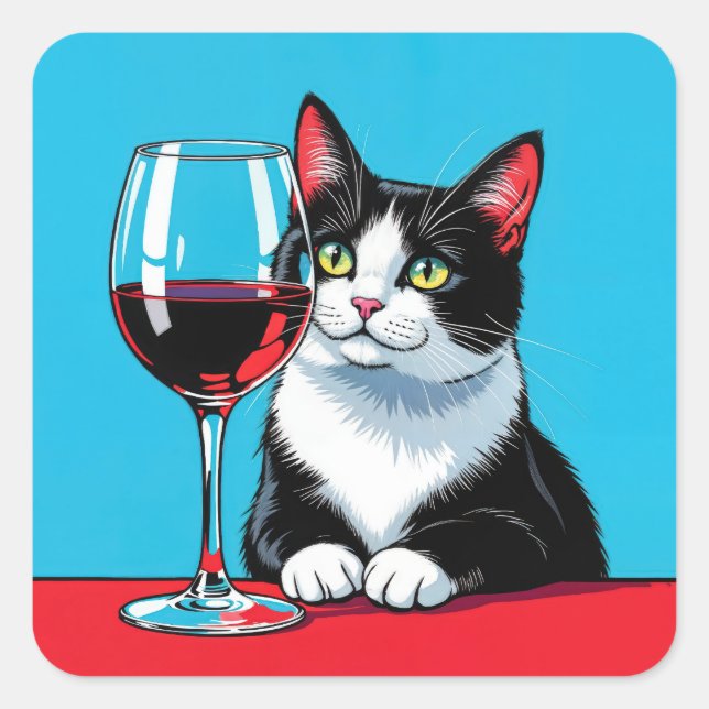 Pegatina Cuadrada Tuxedo Cat With Red Wine (Anverso)