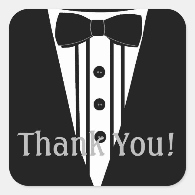 Pegatina Cuadrada Tuxedo con Bow Tie Gracias (Anverso)