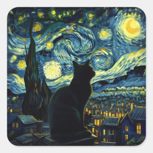 Pegatina Cuadrada Tuxedo gato estrellado noche Tuxedo dueño de gato
