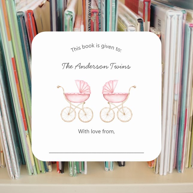 Pegatina Cuadrada Twin girls pink carriages Baby Shower (Subido por el creador)