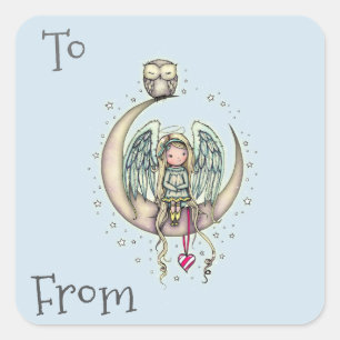 Pegatina Cuadrada Twinkle Little Angel y Arte Ilustrado de Búho