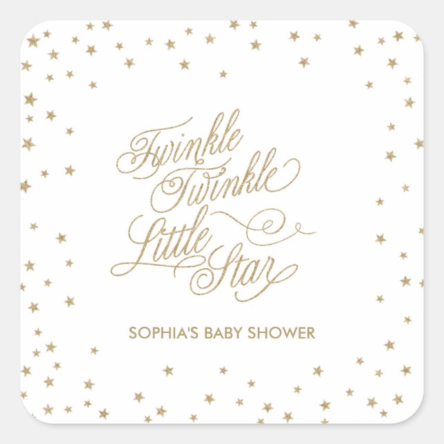 Pegatina Cuadrada Twinkle Little Star Gold Baby Shower (Anverso)