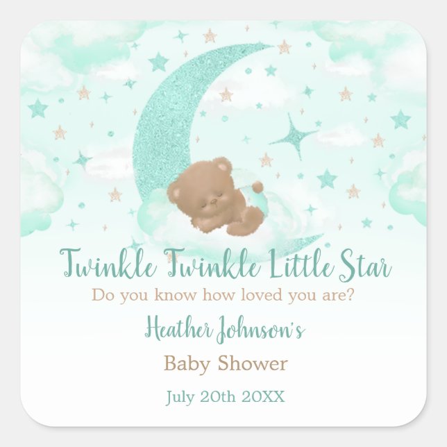 Pegatina Cuadrada Twinkle Twinkle Little Star Bear Baby Shower (Anverso)