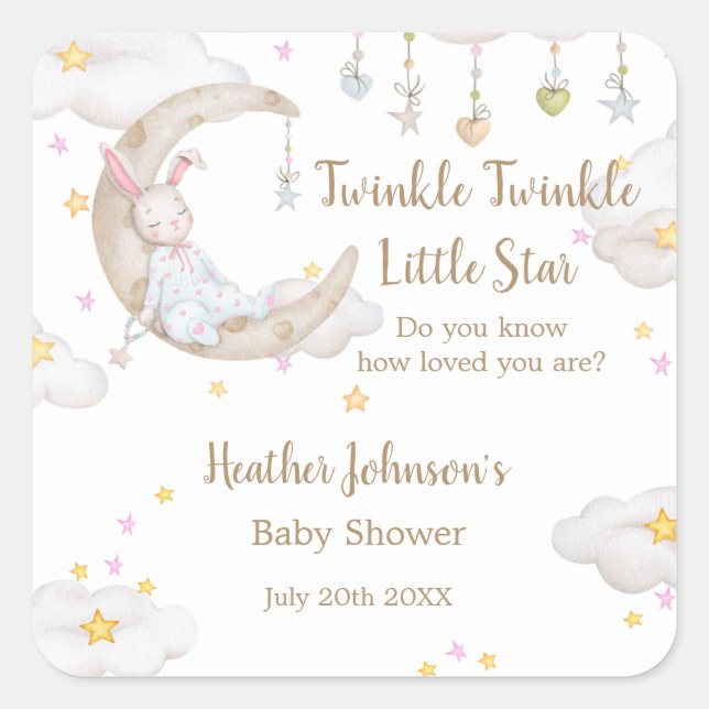 Pegatina Cuadrada Twinkle Twinkle Little Star Bunny Baby Shower (Anverso)