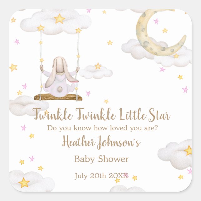 Pegatina Cuadrada Twinkle Twinkle Little Star Bunny Baby Shower (Anverso)
