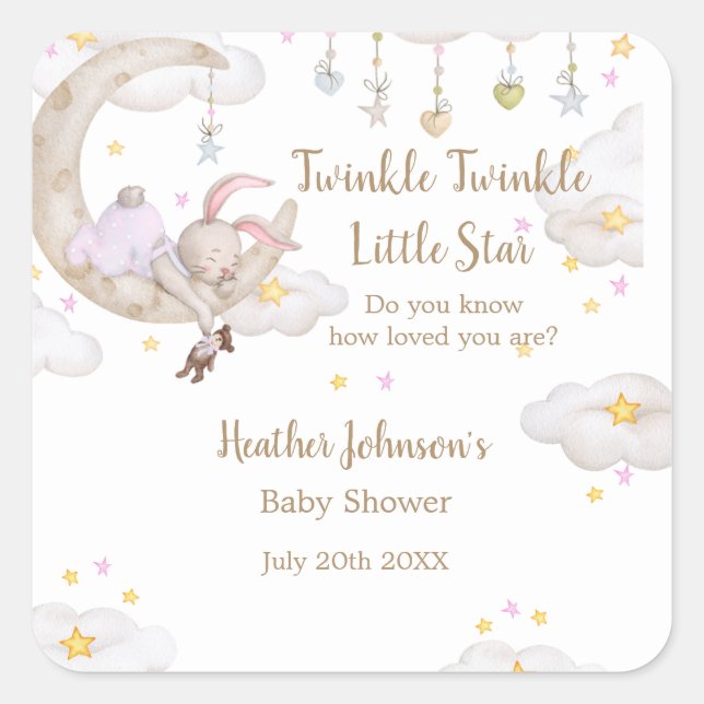 Pegatina Cuadrada Twinkle Twinkle Little Star Bunny Baby Shower (Anverso)
