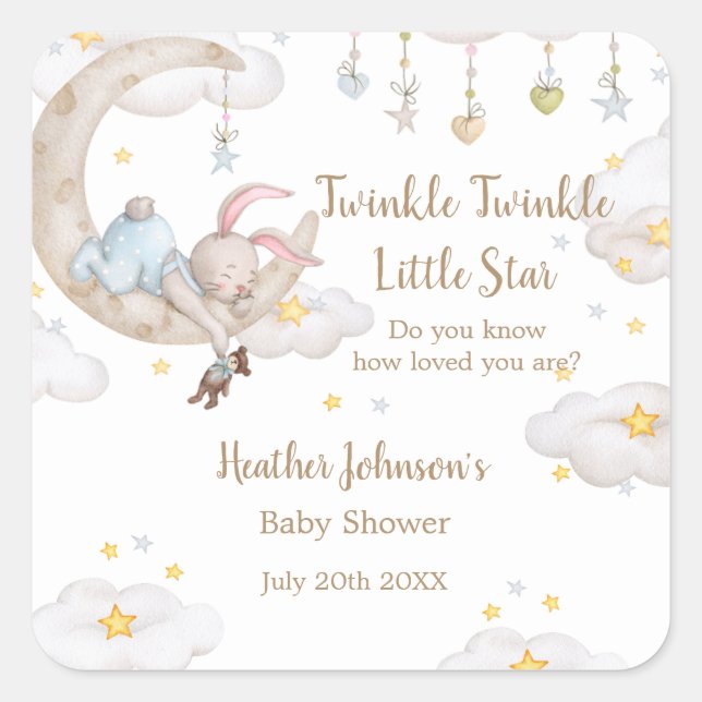 Pegatina Cuadrada Twinkle Twinkle Little Star Bunny Baby Shower (Anverso)