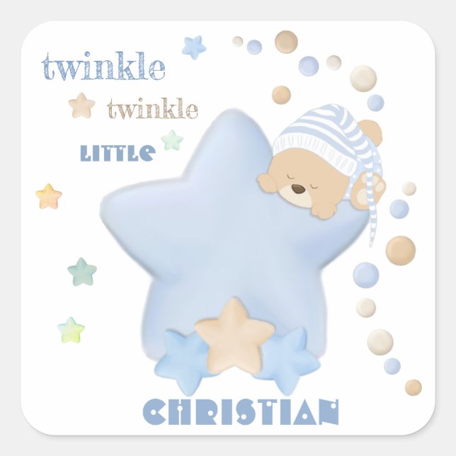 Pegatina Cuadrada Twinkle Twinkle Pequeña Estrella Niño Teddy Bear (Anverso)