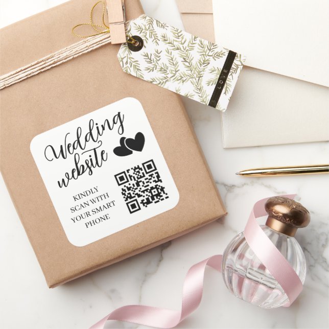 Pegatina Cuadrada Two Hearts Wedding Website QR Code (Regalar)
