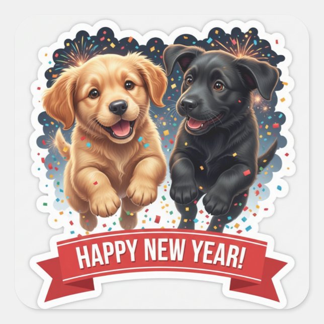 Pegatina Cuadrada Two Puppies Chasing Confetti Sticker (Anverso)