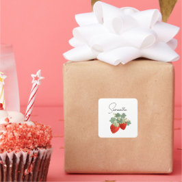 Pegatina Cuadrada Two Red Strawberries with Leaves & Flowers | Fruit