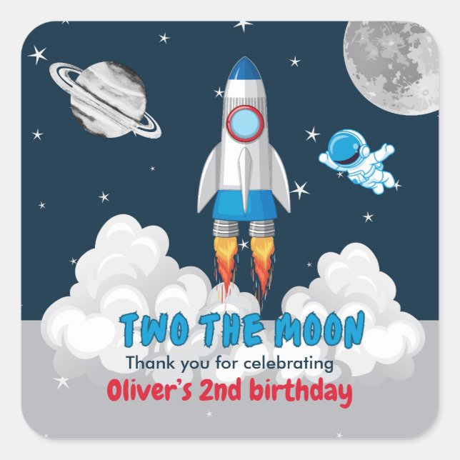 Pegatina Cuadrada Two The Moon Boy Space Rocket 2nd Birthday  (Anverso)