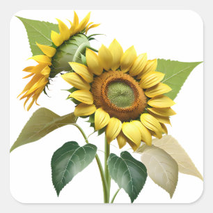 Pegatina Cuadrada Two Vibrant Sunflowers with Lush Green Leaves