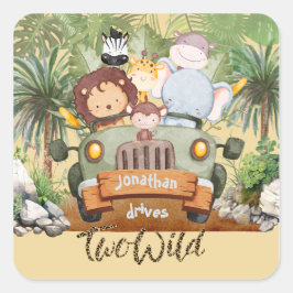 Pegatina Cuadrada Two Wild Safari Animals Driving Car 2nd Birthday 