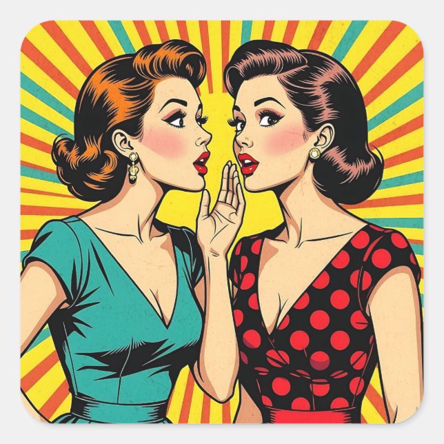 Pegatina Cuadrada Two Woman Gossiping Telling Secrets Pop Art (Anverso)