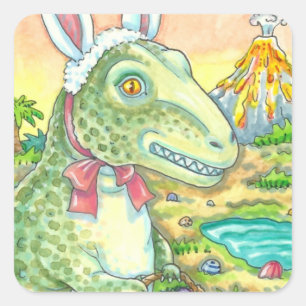 PEGATINA CUADRADA TYRANNOSAURUS, CUTE T-REX, EASTER BUNNY DINO