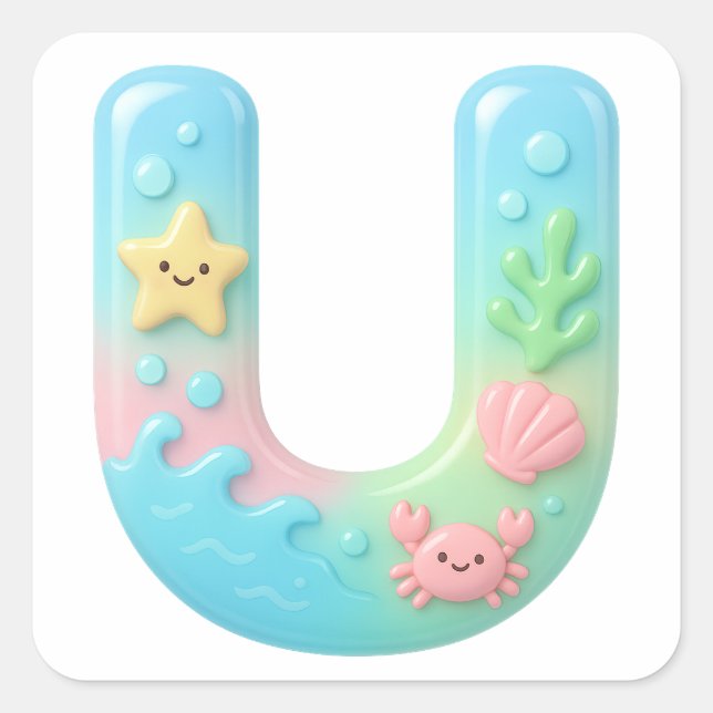 Pegatina Cuadrada "U" Cute Letter - Underwater Sea Creature  (Anverso)