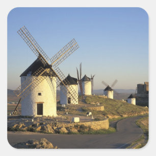 Pegatina Cuadrada UE, España, La Mancha, Consuegra. Molinos de vient