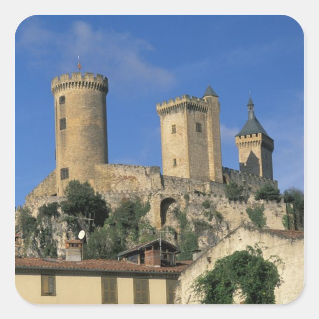 Pegatina Cuadrada UE, Francia, Foix, Ariege, Pirineos. Castillo (Anverso)