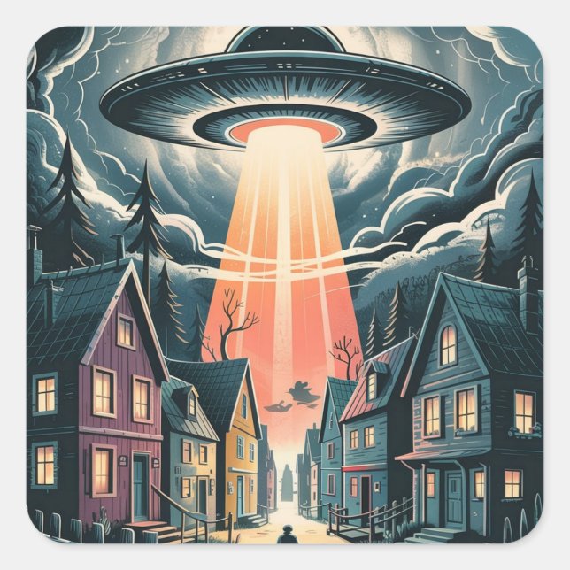 Pegatina Cuadrada UFO Abduction Night Street Illustration (Anverso)