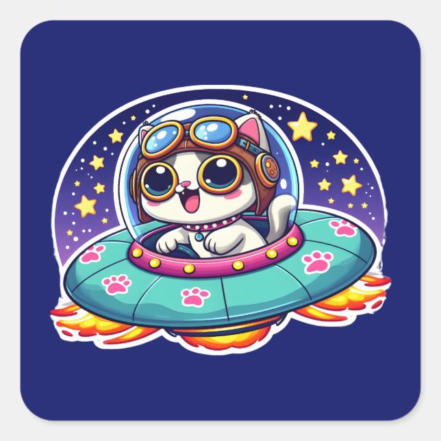 Pegatina Cuadrada UFO Happy Kitty (Anverso)