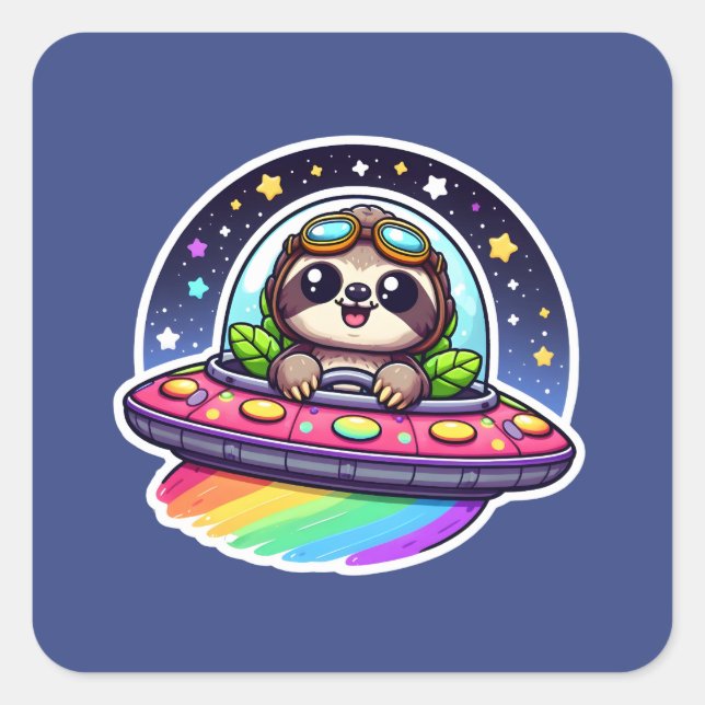 Pegatina Cuadrada UFO Rainbow Sloth (Anverso)