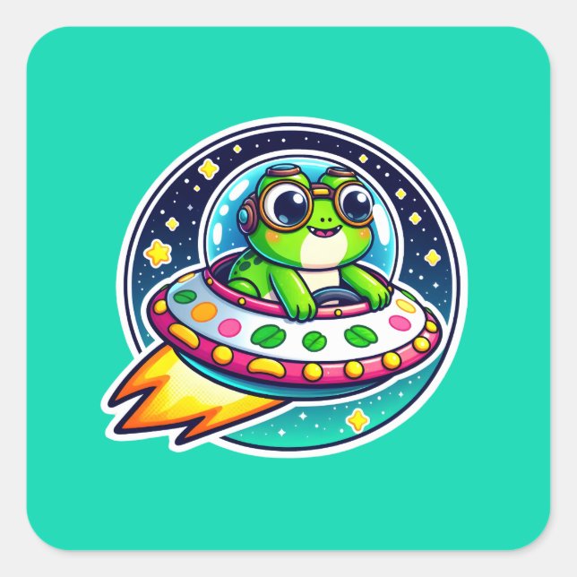 Pegatina Cuadrada Ufo Rana Cute (Anverso)