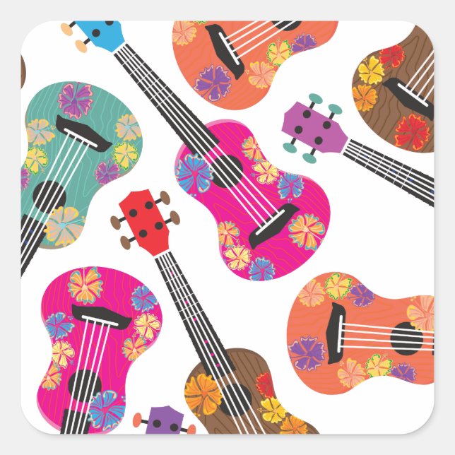 Pegatina Cuadrada Ukeleles coloridos (Anverso)