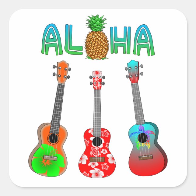 Pegatina Cuadrada Ukulele hawaiano Aloha Hawaii (Anverso)