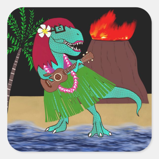 Pegatina Cuadrada Ukulele hawaiano de dinosaurio (Anverso)