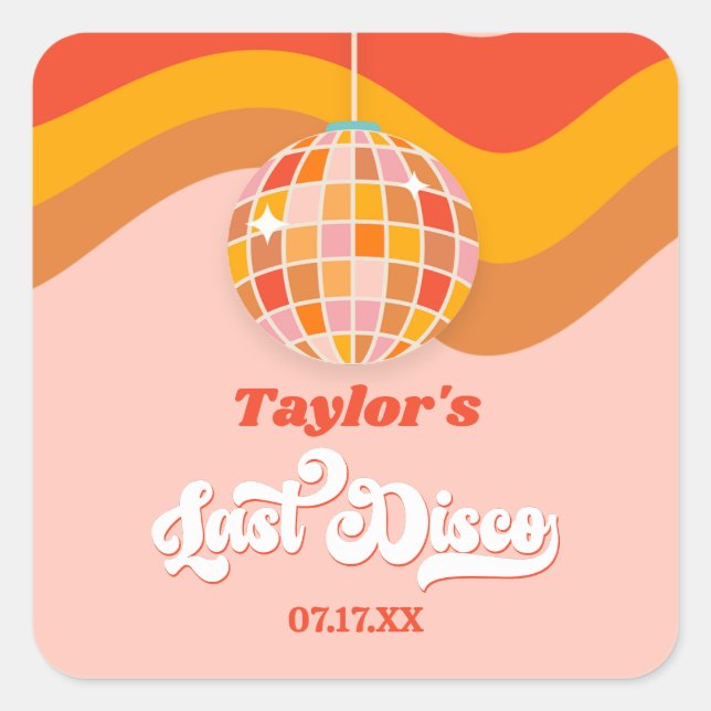 Pegatina Cuadrada Última fiesta de despedida de soltera disco retro  (Anverso)