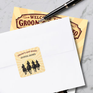 Pegatina Cuadrada Último Rodeo Vaqueros Atardecer Nombre del Novio D