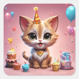 Pegatina Cuadrada Un adorable chaton qui fête son anniversaire