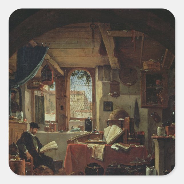 Pegatina Cuadrada Un alquimista en su laboratorio (Anverso)