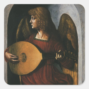 Pegatina Cuadrada Un ángel en rojo con un laúd de Leonardo da Vinci