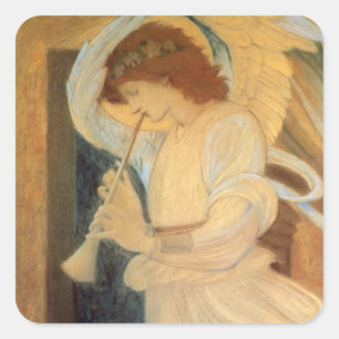 Pegatina Cuadrada Un ángel tocando una flauta dulce por Burne Jones