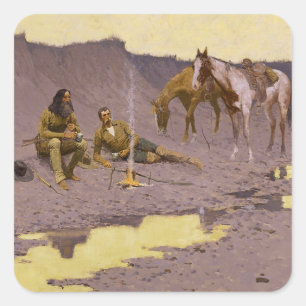 Pegatina Cuadrada Un Año Nuevo en el Cimarron de Frederic Remington