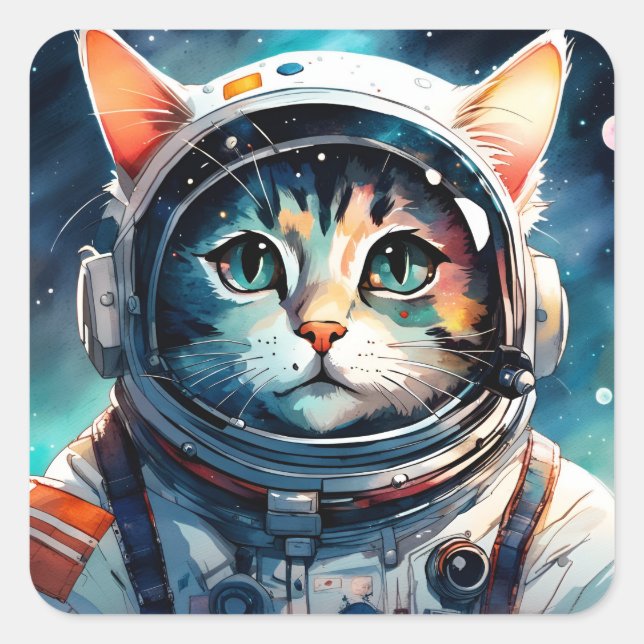 Pegatina Cuadrada Un astronauta gata de fantasía (Anverso)