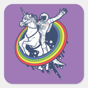 Pegatina Cuadrada Un astronauta que monta un unicornio a través de