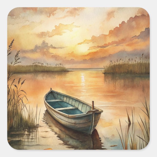 Pegatina Cuadrada Un barco en el lago (Anverso)