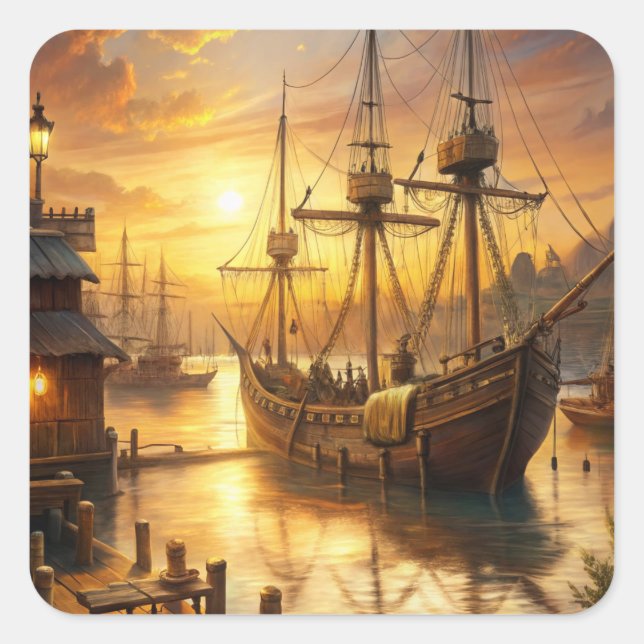 Pegatina Cuadrada Un barco en los muelles (Anverso)