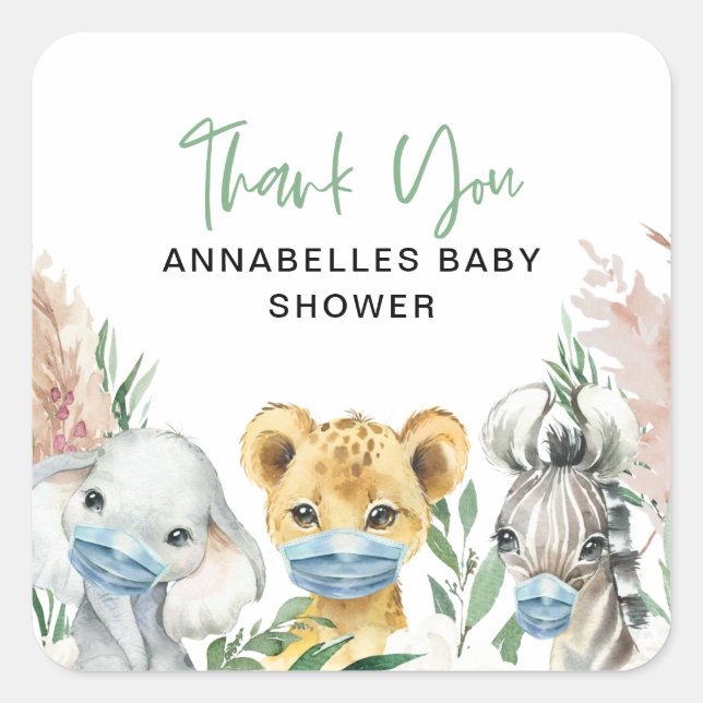 Pegatina Cuadrada Un bebé conduce una máscara de protección animal (Anverso)