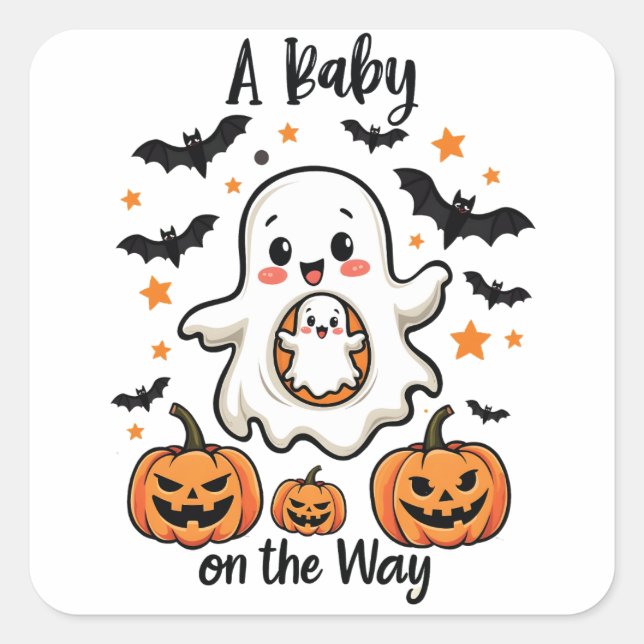 Pegatina Cuadrada Un bebé en camino a Halloween del embarazo fantasm (Anverso)