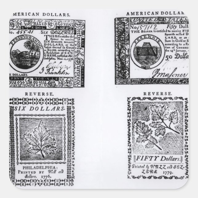 Pegatina Cuadrada Un billete colonial de seis dólares (Anverso)