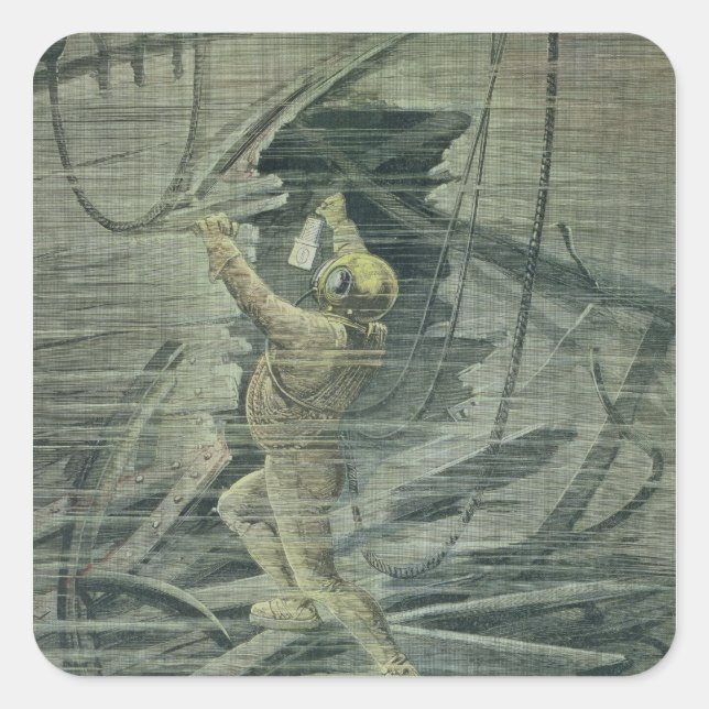 Pegatina Cuadrada Un buceador del mar profundo que mira las ruinas (Anverso)
