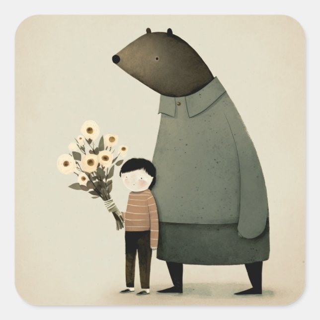 Pegatina Cuadrada Un buen personalizado, oso de hadas y niño. Cumple (Anverso)