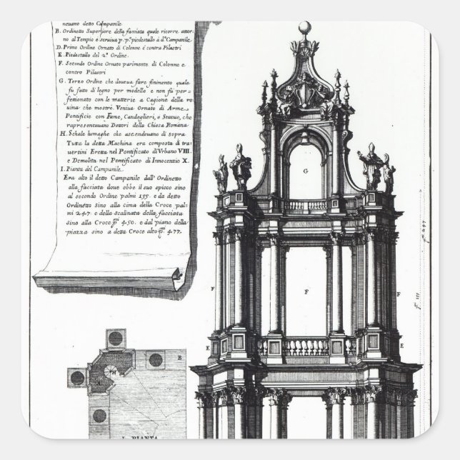 Pegatina Cuadrada Un campanile diseñado para San Pedro, Roma (Anverso)