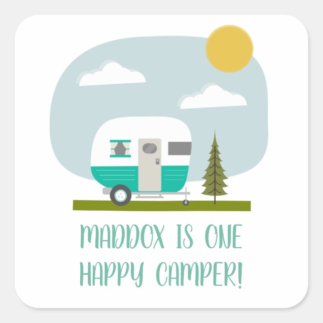Pegatina Cuadrada Un Camper Feliz Trailer Turquesa Napkin Cumpleaños (Anverso)