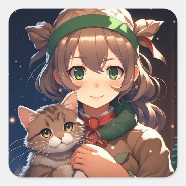 Pegatina Cuadrada Un Chica de anime lindo con Navidades gatitos (Anverso)
